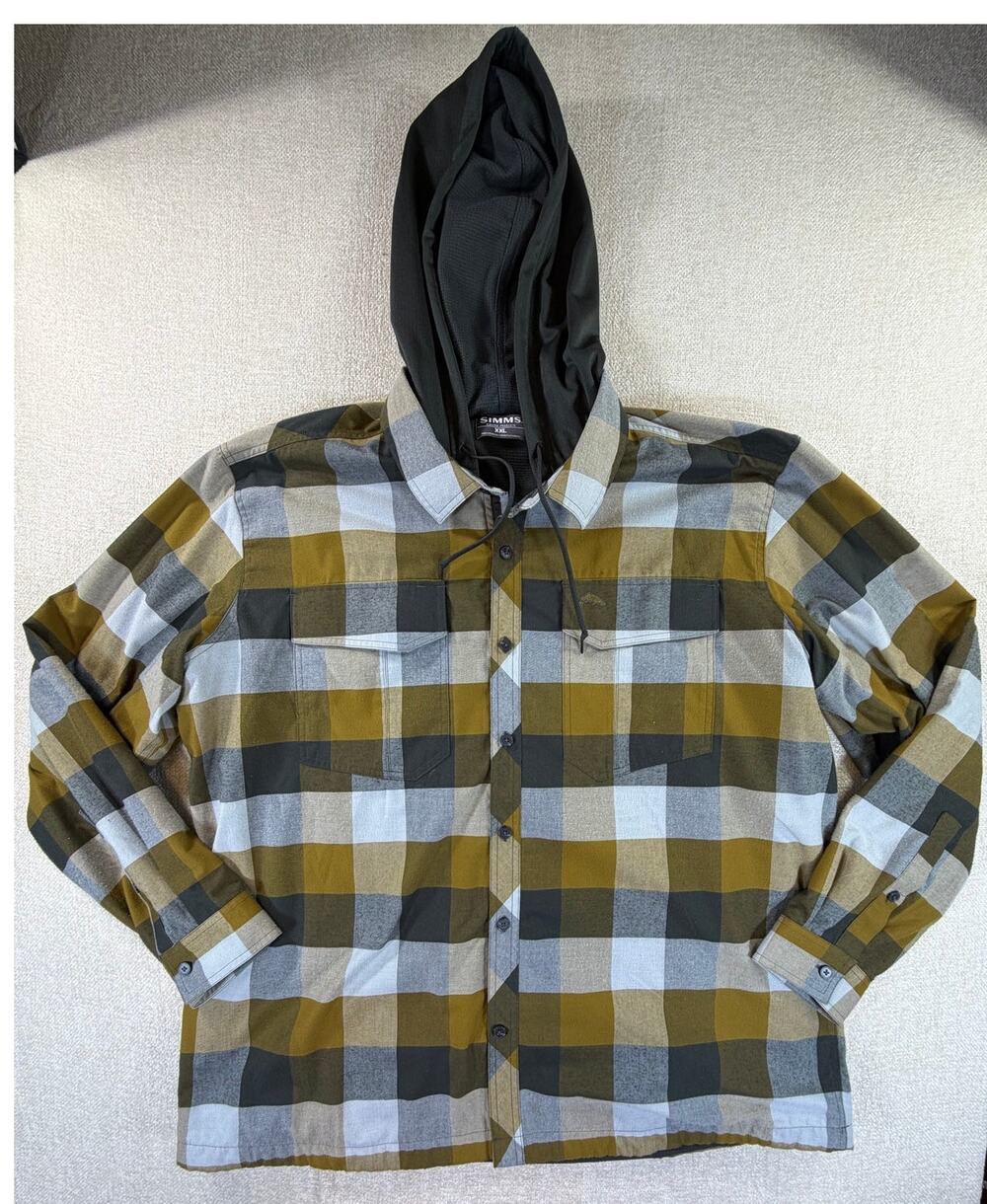 Simms Men 2XL Gold Gray Flannel Lined Hooded Shacket Long Sleeve Fishing Jacket